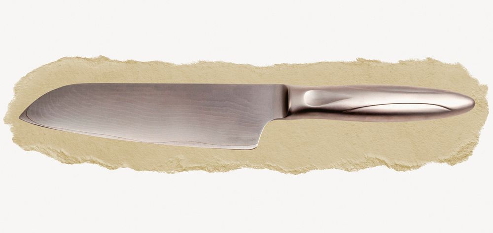 Kitchen knife, cutlery on torn paper