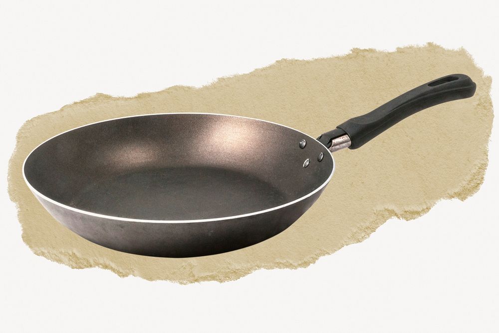 Frying pan, kitchen tool on torn paper