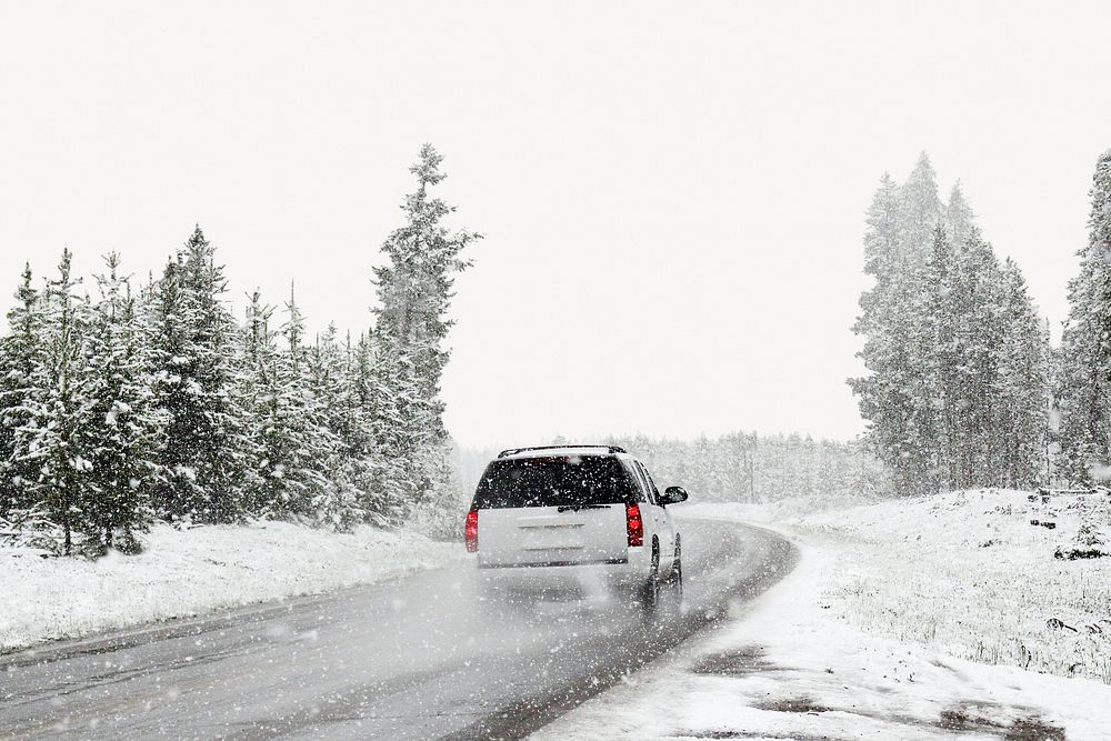 Snowy road trip collage element, natural scenery psd