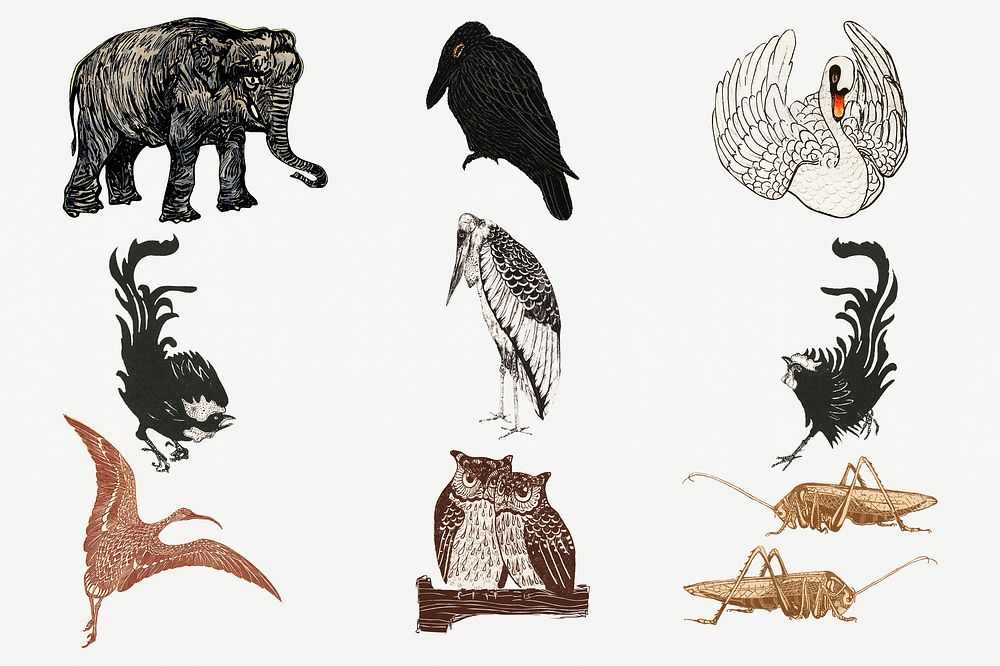 Vintage animal art print, remix from artworks by Theo van Hoytema