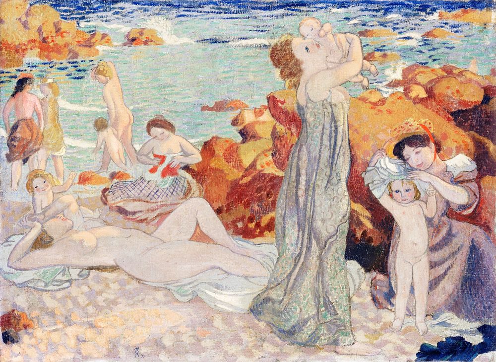 Bathers, Pouldu beach (Baigneuses, plage du Pouldu) (1899) painting in high resolution by Maurice Denis. Original from The…
