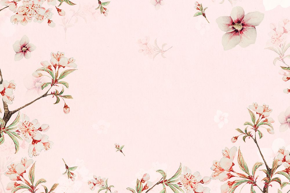 Vintage Japanese psd floral frame peach blossoms and hibiscus art print, remix from artworks by Megata Morikaga