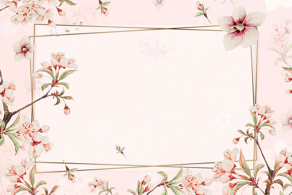 Vintage Japanese floral frame psd cherry blossom and hibiscus art print, remix from artworks by Megata Morikaga