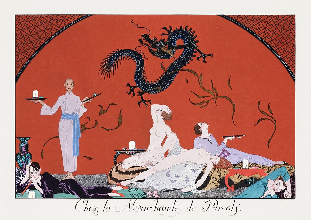 Chez la Marchande de Pavots (1920) fashion illustration in high resolution by George Barbier. Original from The Beinecke…