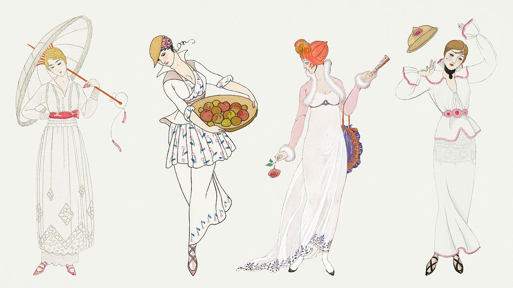 Vintage feminine summer fashion psd set, remix from artworks by George Barbier