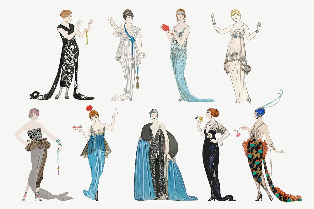 Vintage feminine fashion vector set 19th century style, remix from artworks by George Barbier