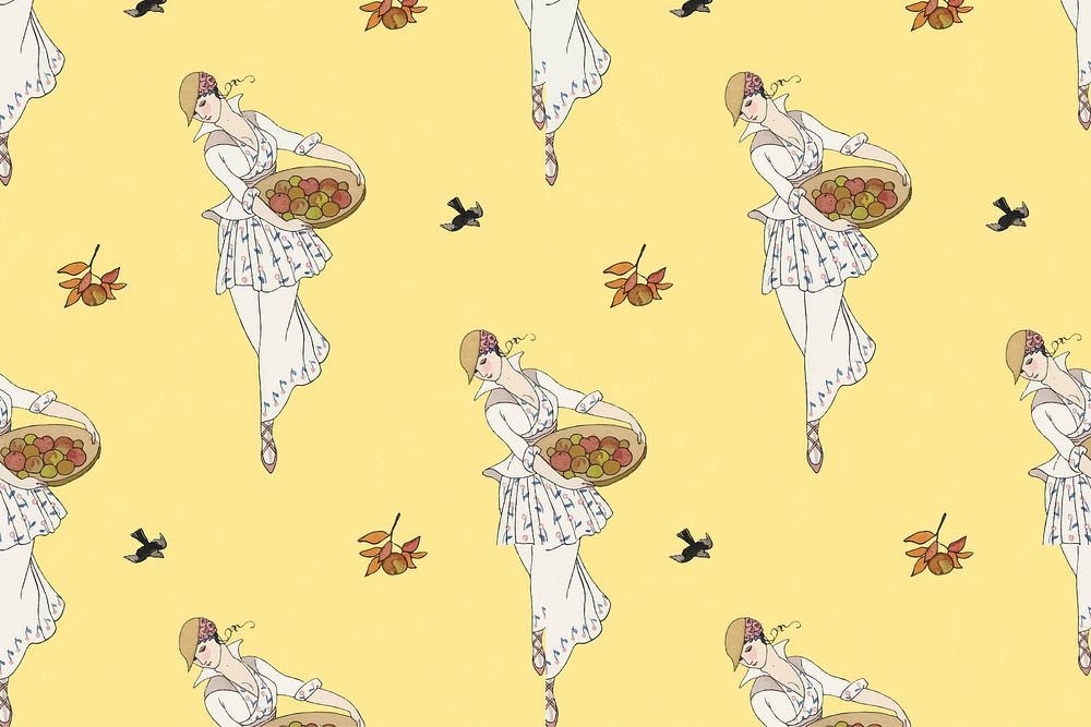 Woman picking apple background vector 1920's fashion, remix from artworks by George Barbier