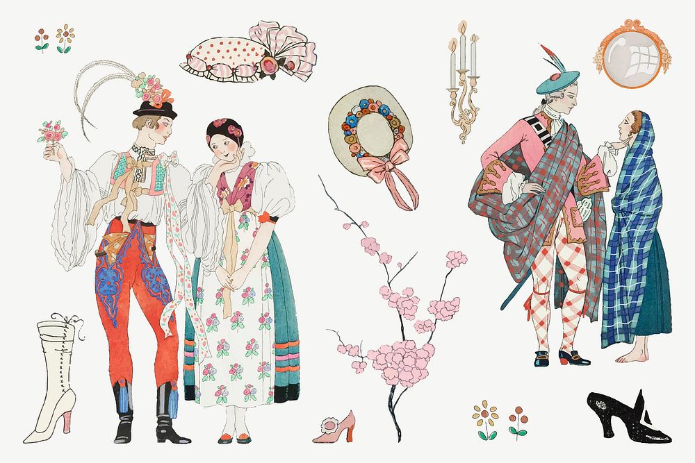 Traditional Parisian fashion vector set, remix from artworks by George Barbier