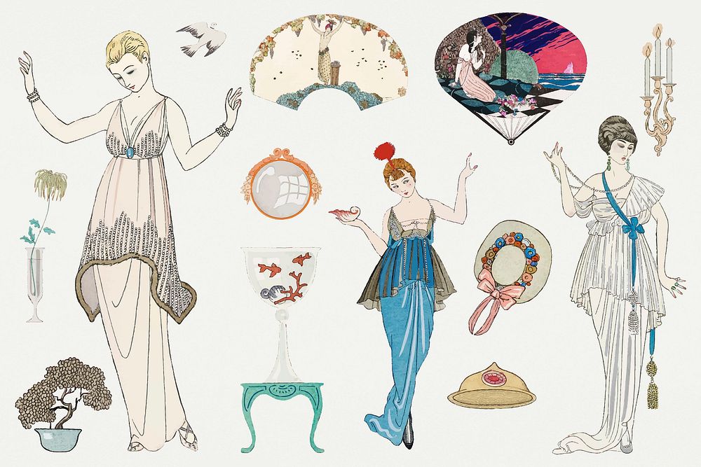 Vintage feminine fashion vector 1920's outfits, remix from artworks by George Barbier