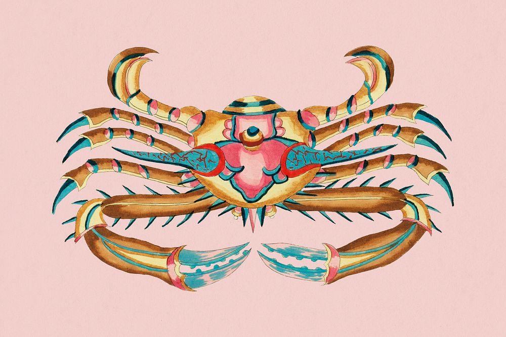 Ancient crab sticker, aquatic animal colorful illustration psd,  remix from the artwork of Louis Renard