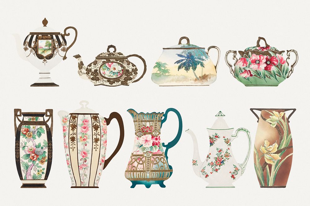 Vintage floral pattern on tableware psd design set, remixed from Noritake factory china porcelain design