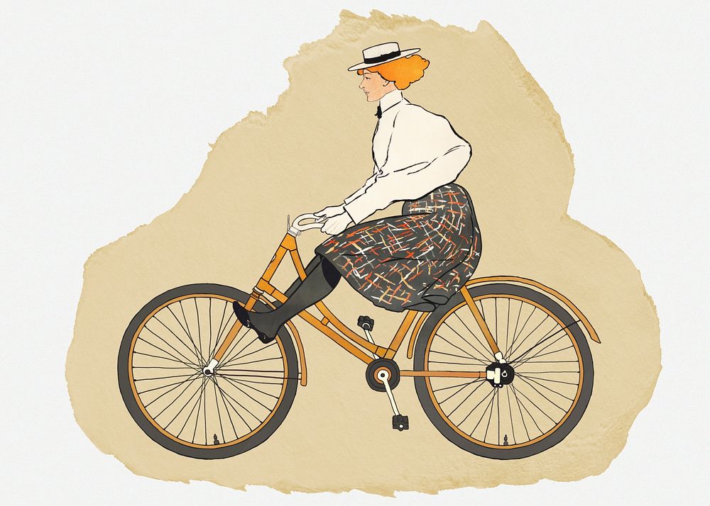 Woman riding bicycle illustration, ripped paper collage element