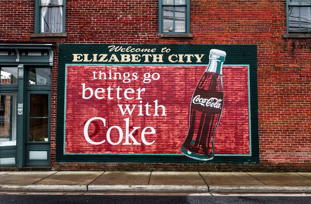 Coca-Cola mural that doubles as a welcome sign in Elizabeth City, North Carolina. Original image from Carol M.…