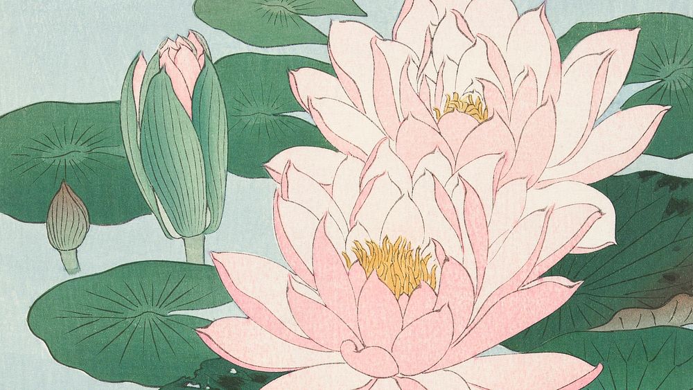 Ohara Koson wallpaper, Japanese desktop background, Water Lily Japanese print
