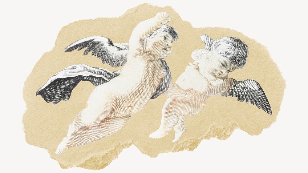 Flying cupids, ripped paper collage element