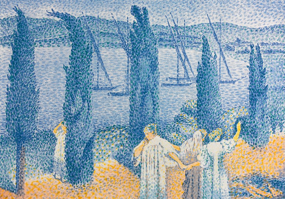 The Promenade; Landscape with Cypresses (1897) painting in high resolution by Henri-Edmond Cross. Original from The…