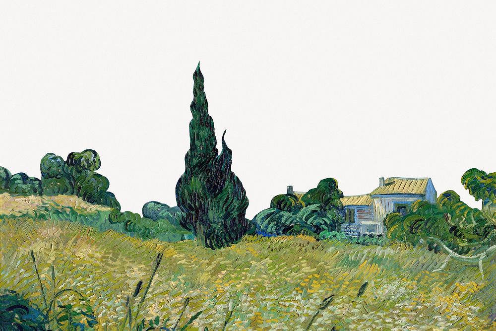Van Gogh collage element, Green Wheat Field with Cypress psd, remixed by rawpixel.