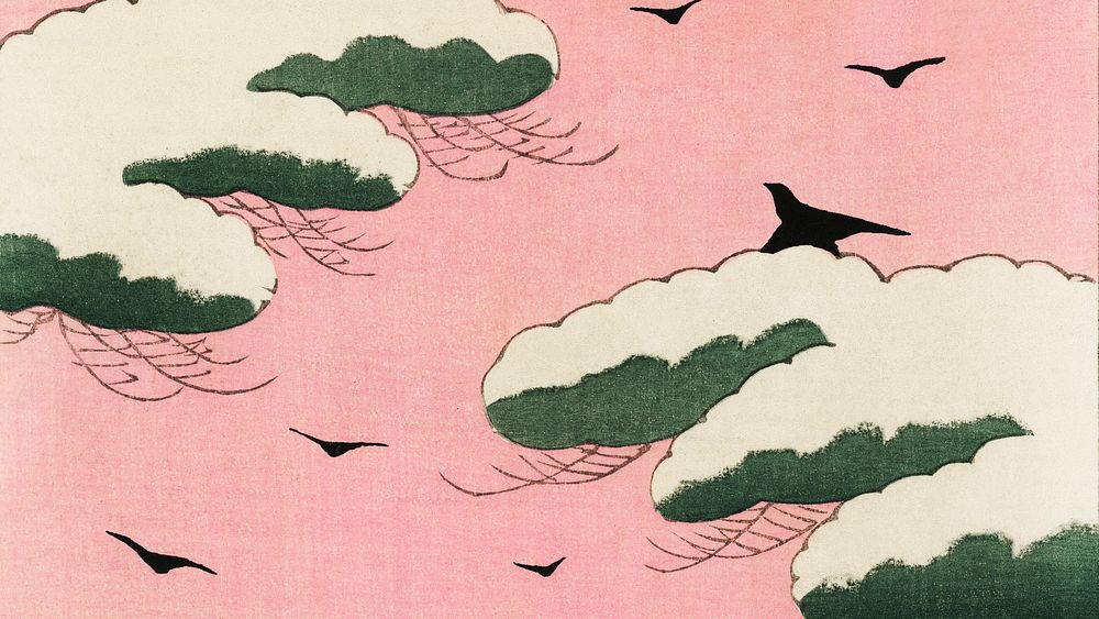 Vintage desktop wallpaper, HD background, Pink sky, remix from the artwork of Watanabe Seitei