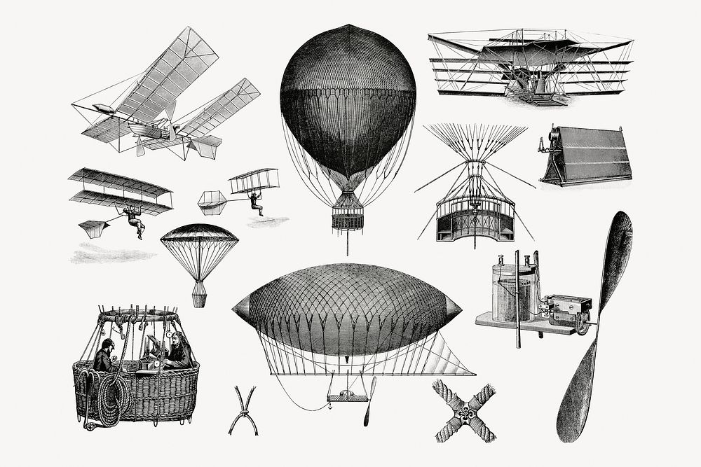 Aerial machines collage element, hand drawn illustration psd