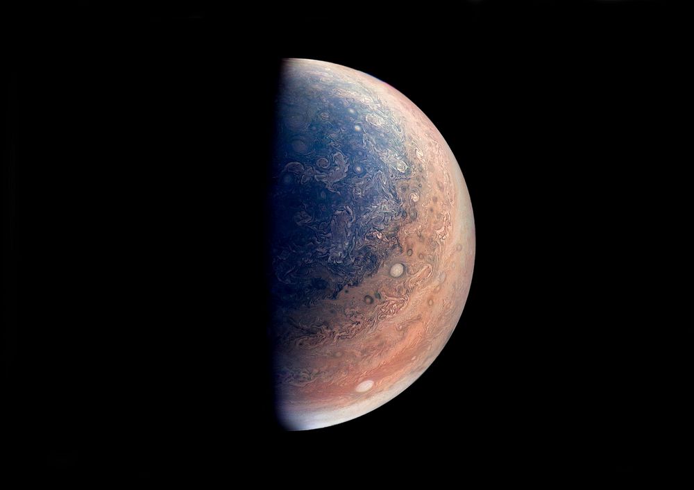 This enhanced color view of Jupiter's south pole was created using data from the JunoCam instrument on NASA's Juno…