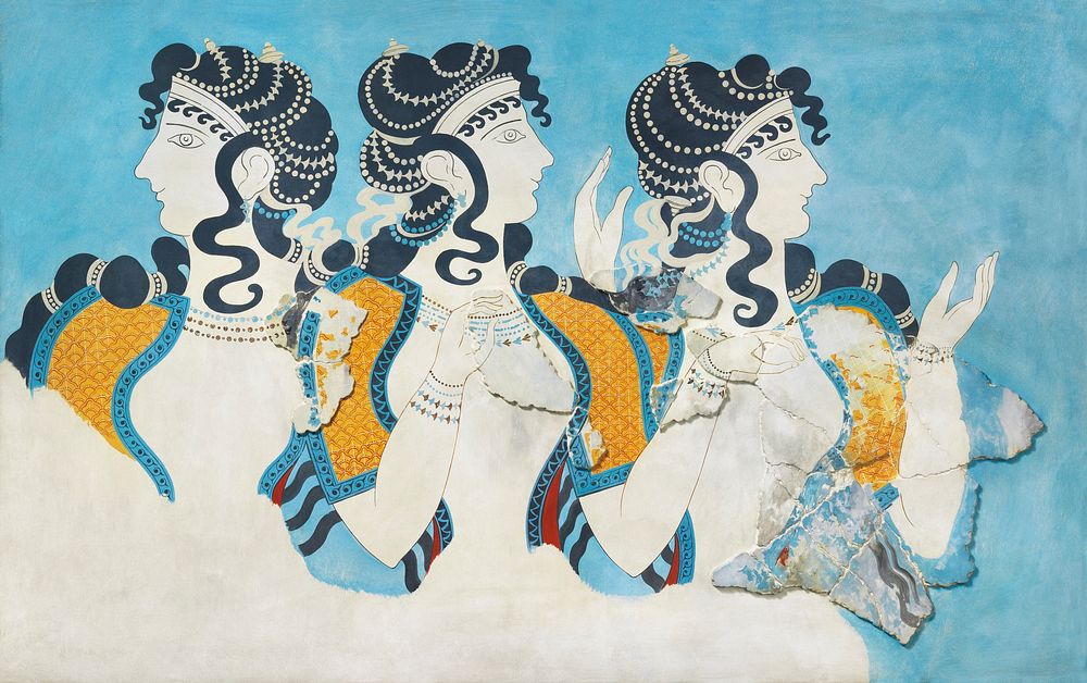 Reproduction of the "Ladies in Blue" frescoca. 1525&ndash;1450 B.C. by Emile Gilli&eacute;ron. Original from The MET Museum.…