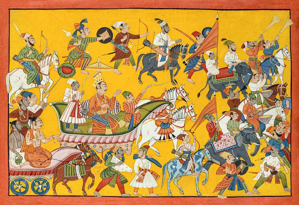 King Dasaratha and His Retinue Proceed to Rama's Wedding: Folio from the Shangri Ramayana Series (Style II) (ca.…