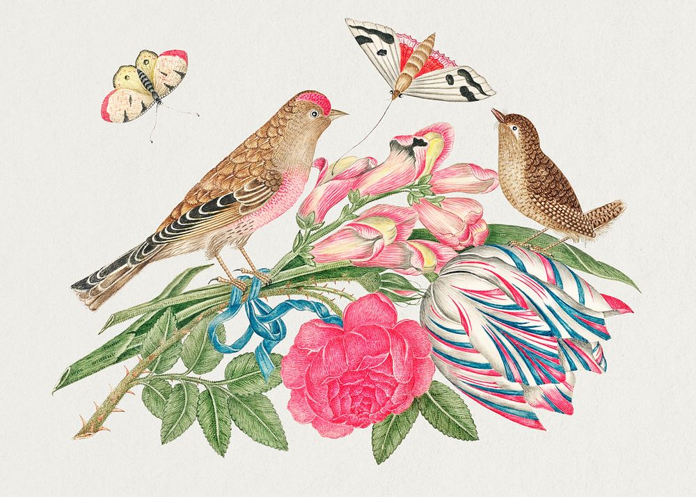 Brown bird on a bouquet psd, remixed from the 18th-century artworks from the Smithsonian archive.