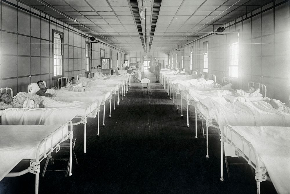 Interior of a hospital ward at the Base Hospital, Camp Jackson, South Carolina, during the influenza epidemic (1918).…