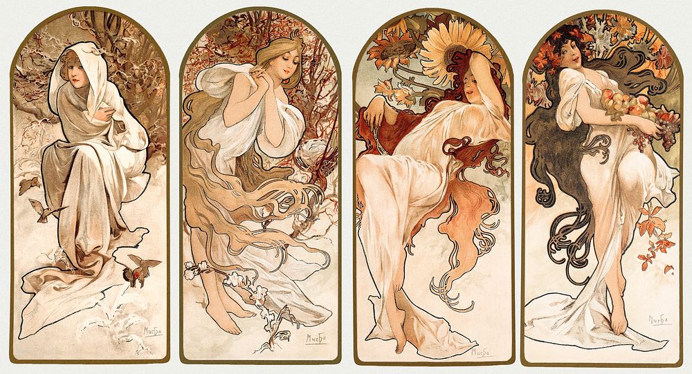 Alphonse Maria Mucha's The Seasons (1897). Famous Art Nouveau artwork, original from The Art Institute of Chicago. Digitally…
