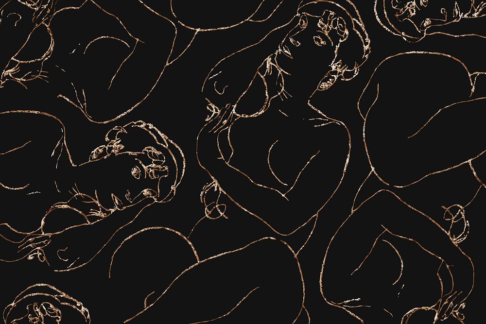 Golden women line art drawing patterned background vector remixed from the artworks of Egon Schiele.