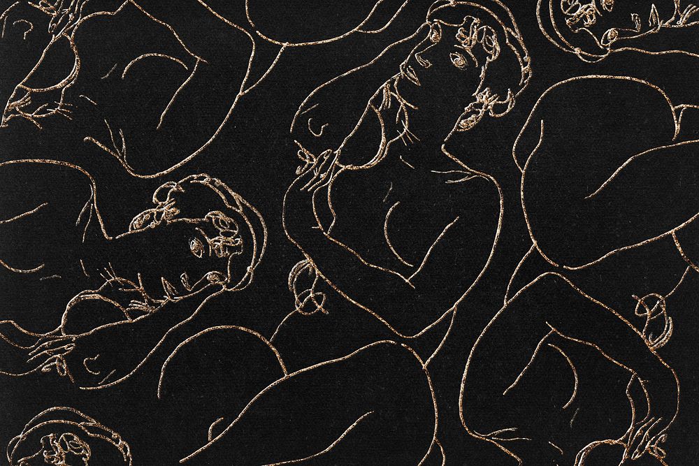 Golden women line art drawing patterned background remixed from the artworks of Egon Schiele.