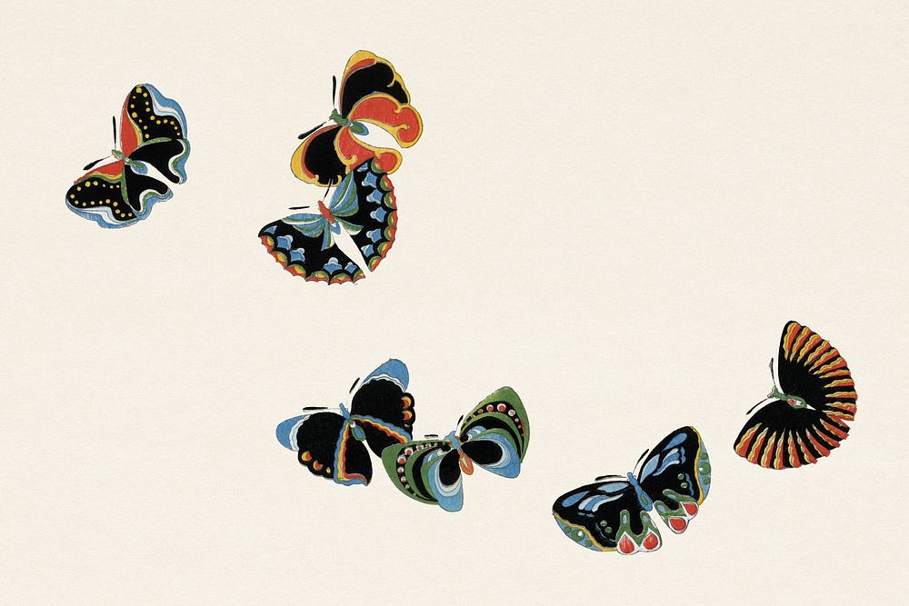 Japanese woodblock butterfly. Digitally enhanced from our own original 1904 edition of Kamisaka Sekka's Cho senshu (One…