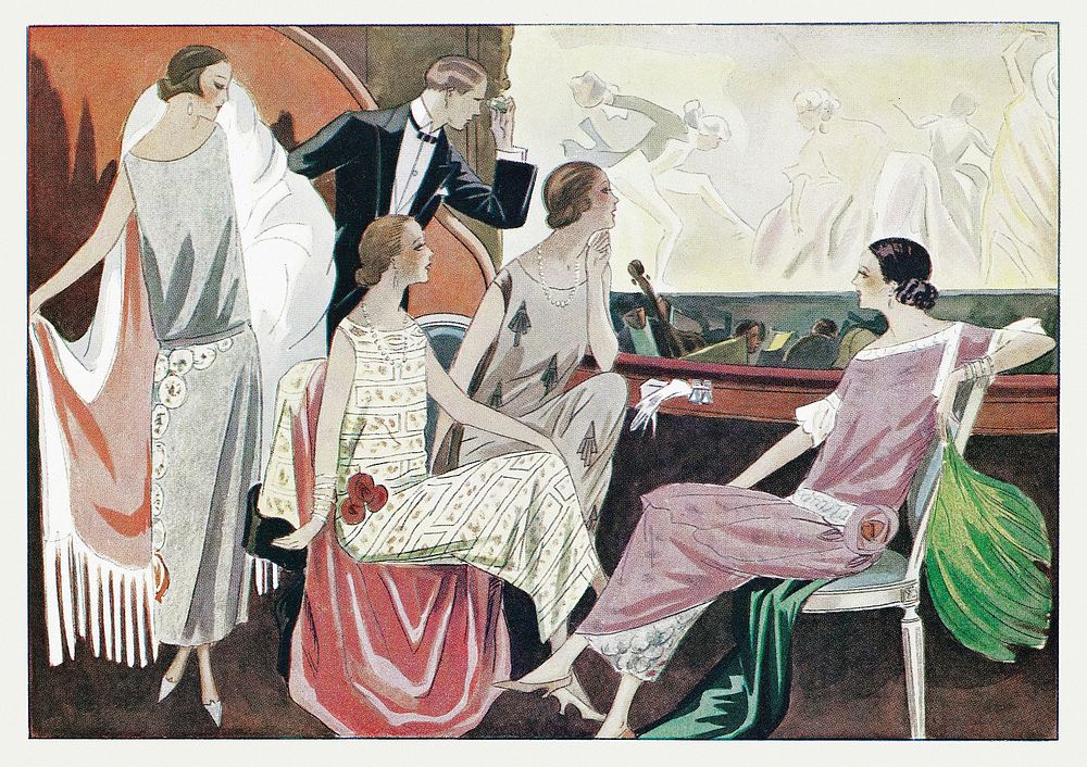View of the stage and orchestra pit of the Opera-Comique (1924) fashion illustration in high resolution by Edward Henry…