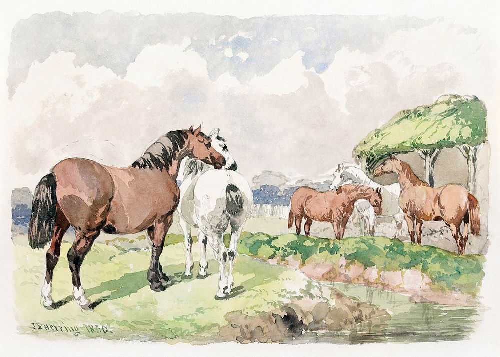 Five Horses near a Brook (1850) painting in high resolution by John Frederick Herring. Original from Yale University Art…