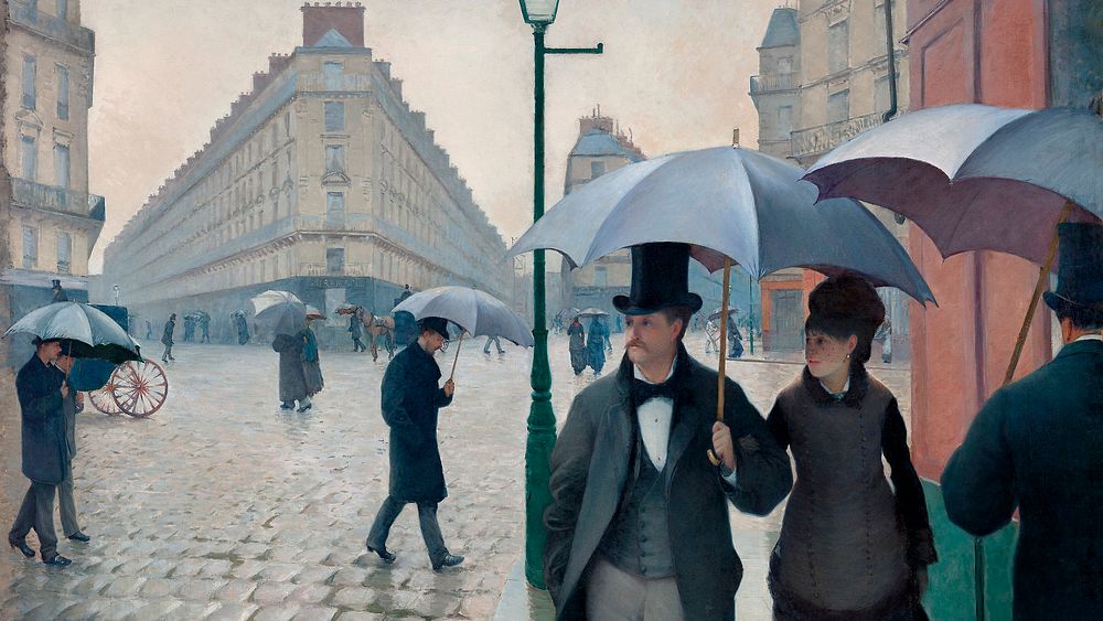Vintage art desktop wallpaper, background painting, Paris Street Rainy Day, remix from the artwork of Gustave Caillebotte