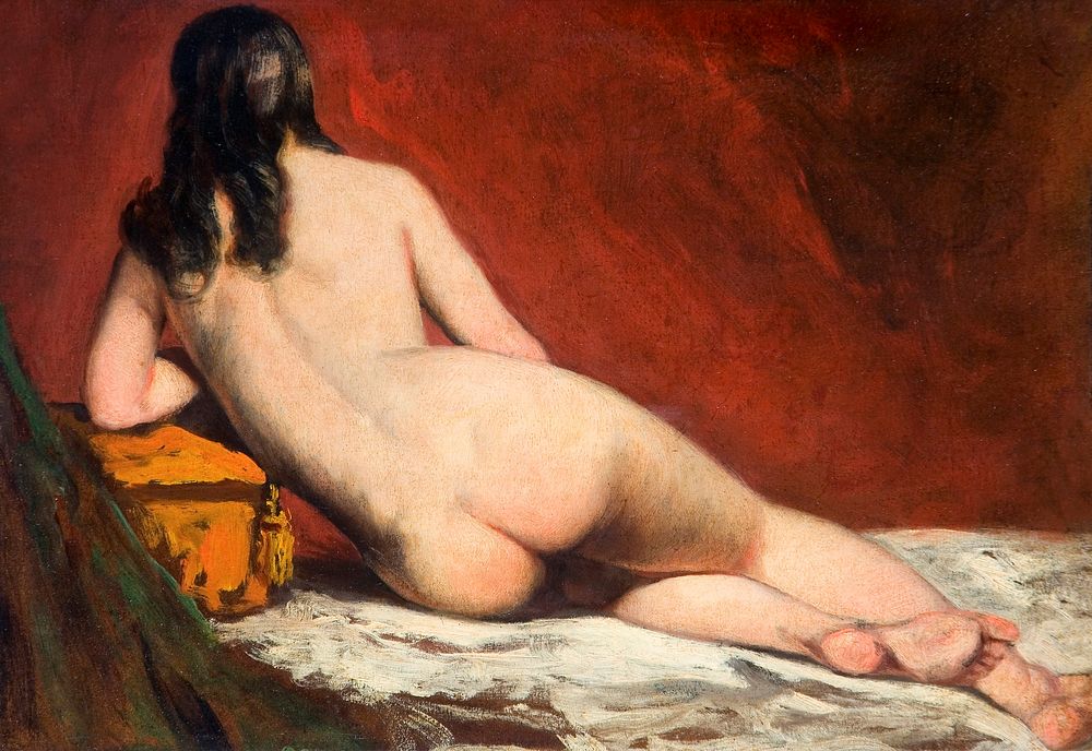 Naked woman posing sexually and showing her bum, vintage art. Nude Study Of A Reclining Woman (1849) by William Etty.…