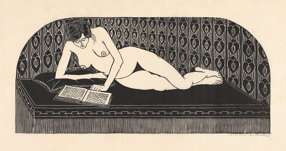 Naked woman showing her breasts, vintage nude illustration. Lezen (Liggend naakt, een boek lezend) (1913) by Samuel Jessurun…