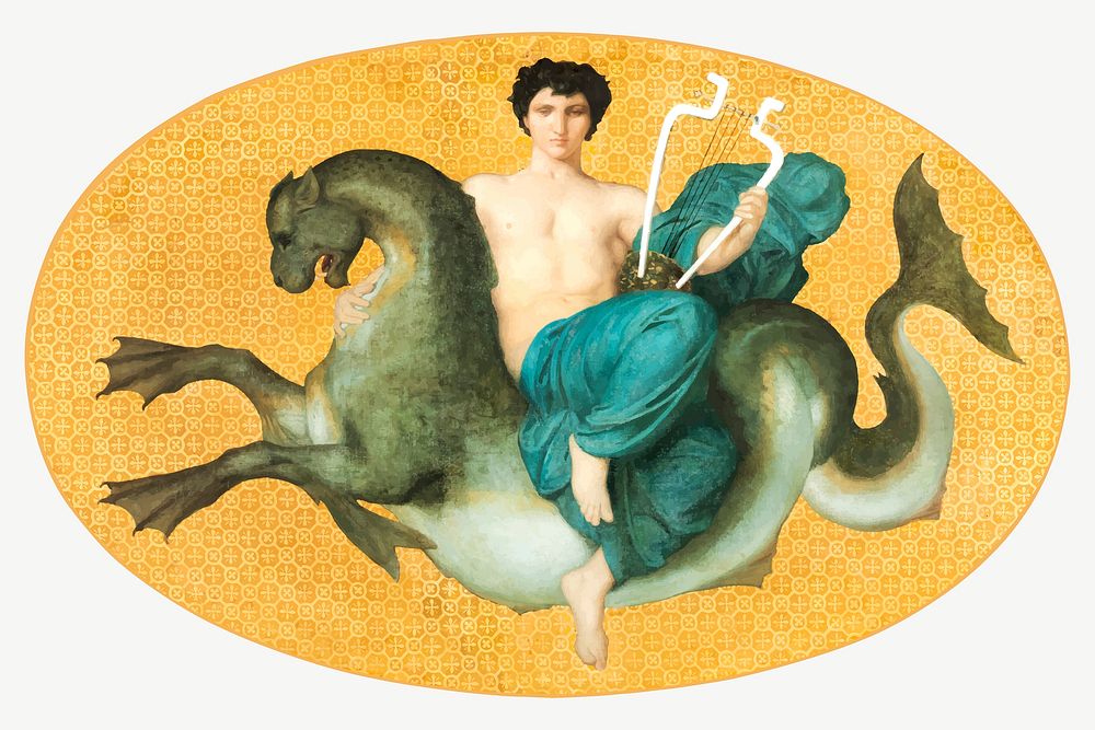 Arion on a sea horse vector illustration, remix from artworks by William Adolphe Bouguereau
