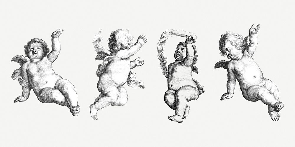 Vintage cute cherubs psd illustration set