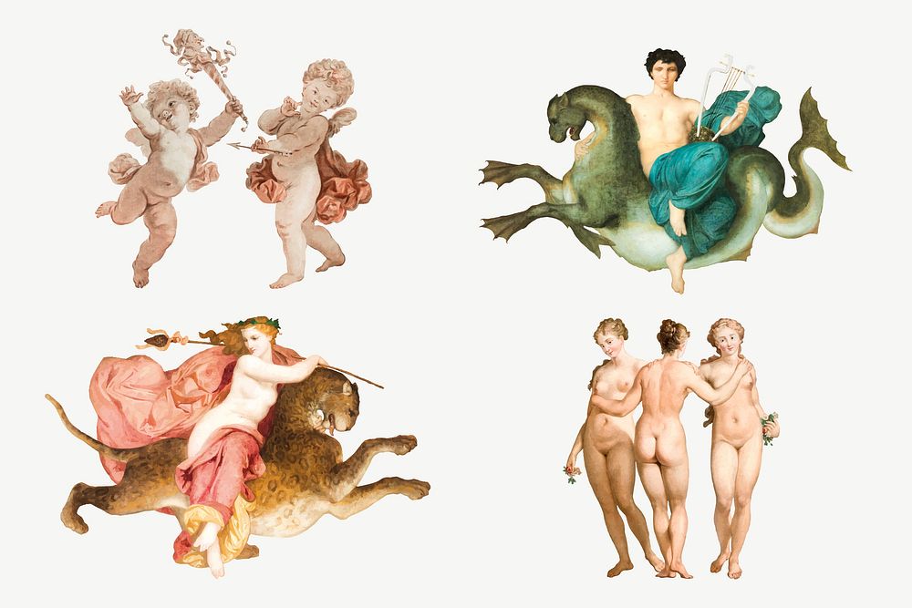 Vintage cupid, gods and nude woman illustration vector set