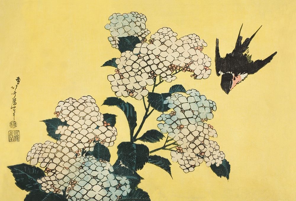 Hydrangea and Swallow, from an untitled series of large flowers (1833/34) color woodblock print in high resolution by the…