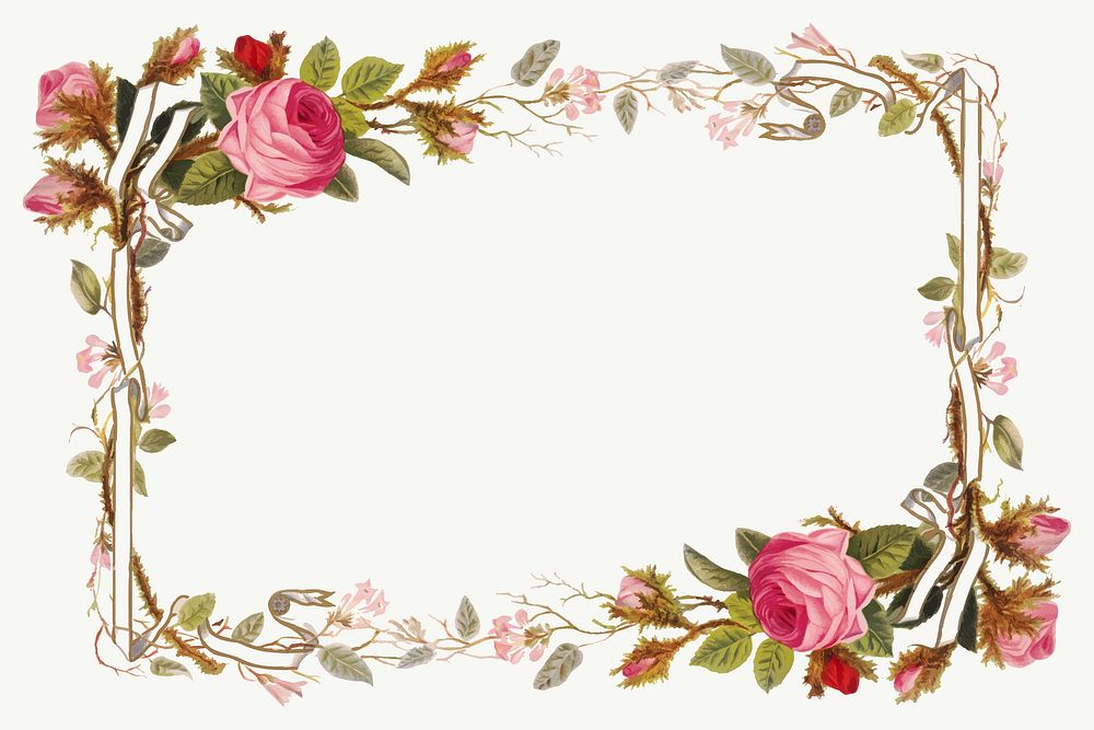 Vintage pink roses vector border frame illustration, remix from artworks by L. Prang & Co.