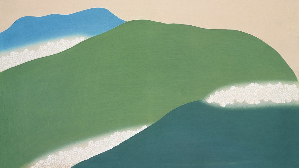 Vintage desktop wallpaper, HD background, Green mountains from Momoyogusa, remix from the artwork of Kamisaka Sekka