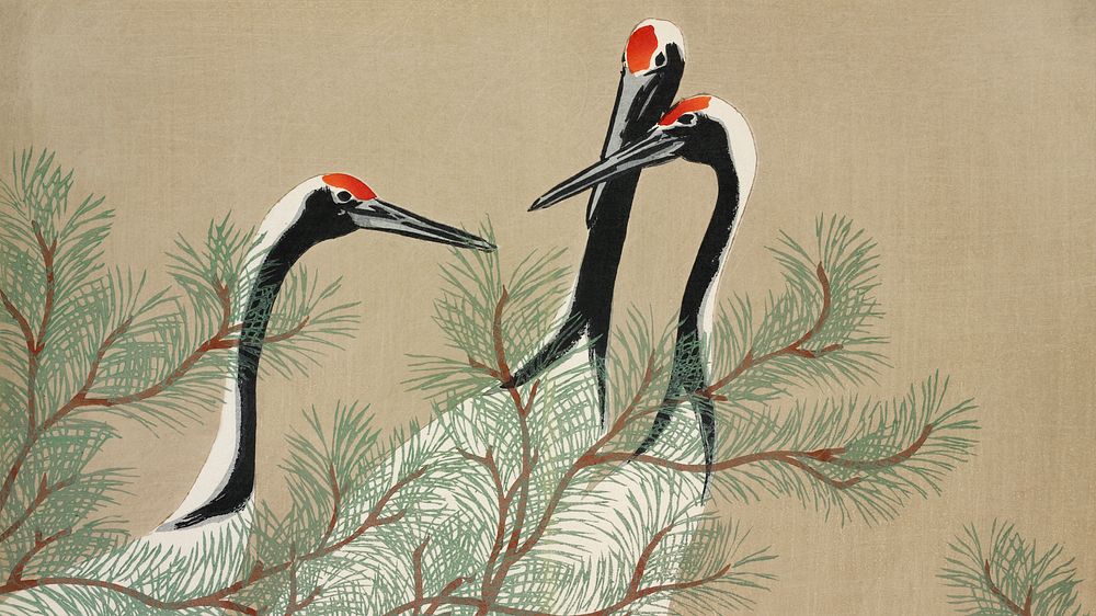 Vintage art desktop wallpaper, HD background, Cranes from Momoyogusa, remix from the artwork of Kamisaka Sekka