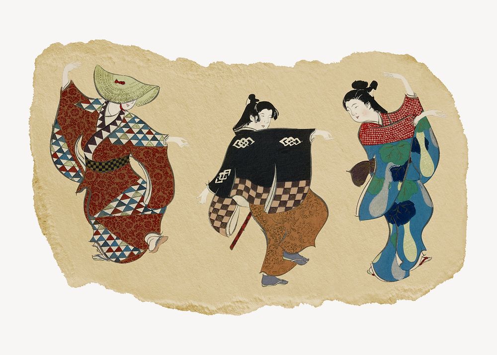 Japanese woman illustration, vintage artwork, ripped paper badge