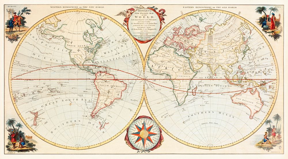 Bowles's new pocket map of the world: laid down from the latest observations and comprehending the new discoveries to the…