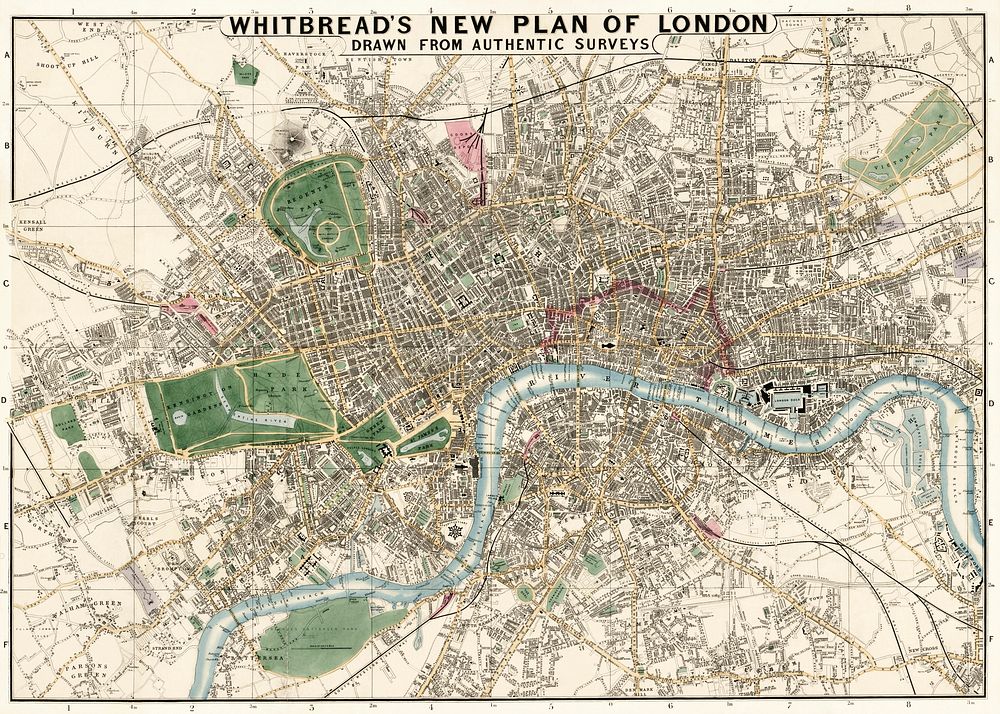 Whitbread's new plan of London: drawn from authentic survey (1853) by  J. Whitbread. Original from Library of Congress.…