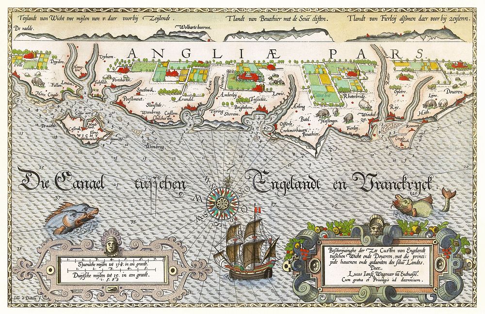 Kaart van de Zuidengelse kust tussen de Isle of Wight en Dover (ca. 1580&ndash;1583) by Joannes van Doetechum (I). Original…