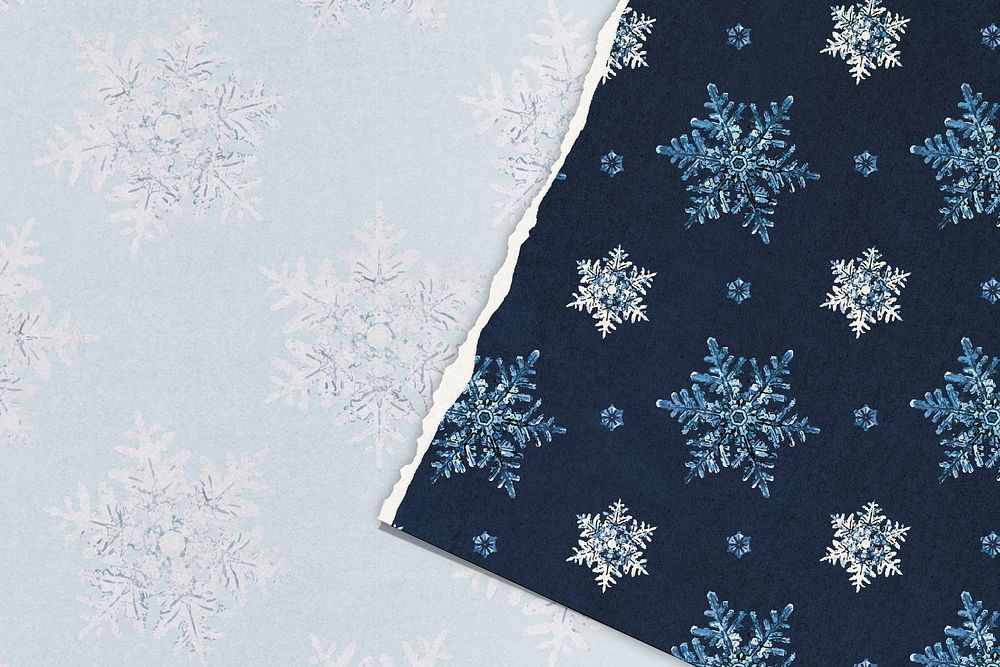 Blue Christmas snowflake torn paper background, remix of photography by Wilson Bentley