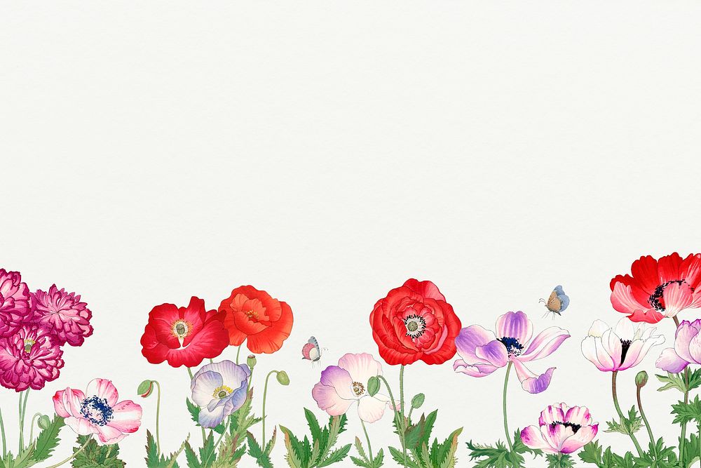 Poppy flower border background, blank space, vintage Japanese art